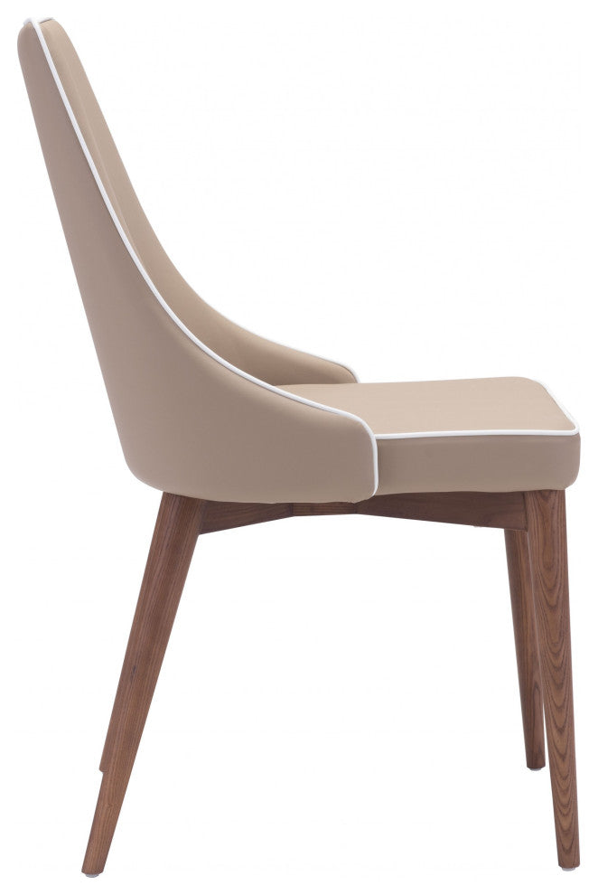 Set of Two Beige With White Piping and Walnut Dining Chairs