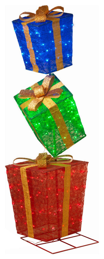 72" Tall Lighted Glittering Fabric Stacked Presents Outdoor Decor