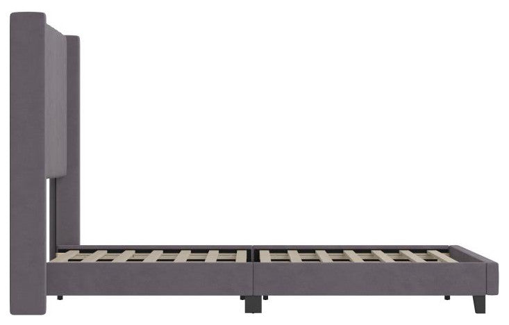 Bianca Upholstered Platform Bed w/Vertical Stitched Wingback Headboard, Gray Velvet, Queen