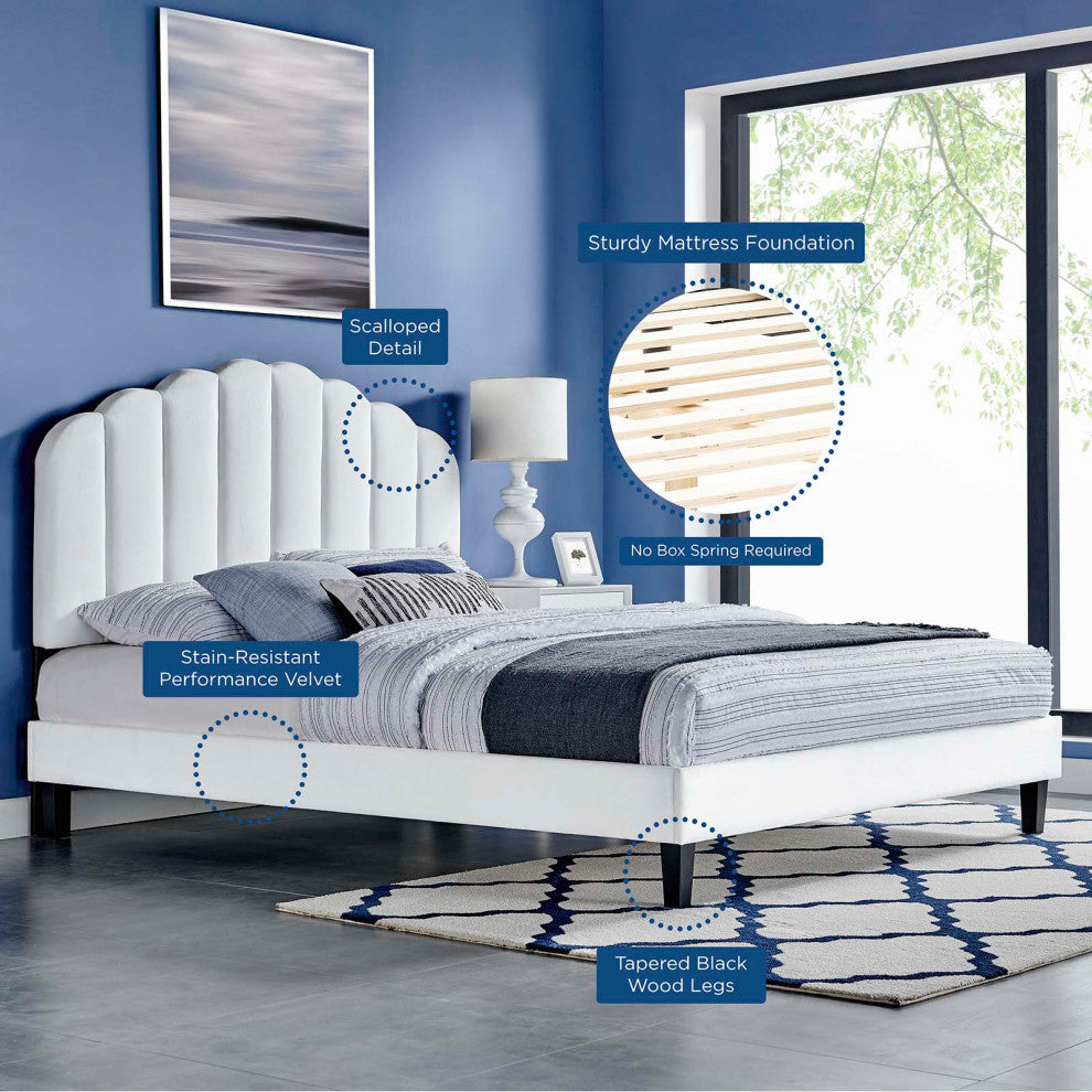Platform Bed Frame, King Size, White, Velvet, Modern, Bedroom Guest Suite