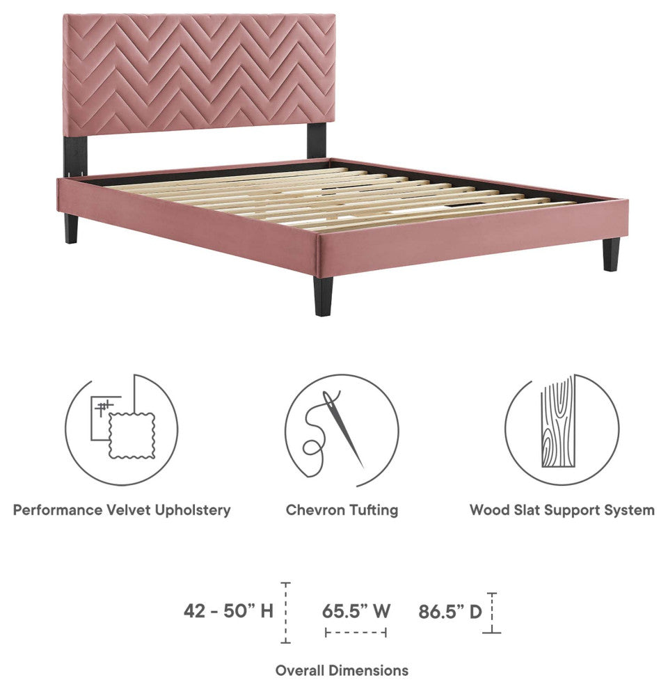 Leah Chevron Tufted Performance Velvet King Platform Bed, Dusty Rose