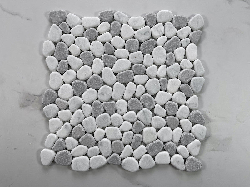 Non Slip Shower Floor Tile Tumbled Carrara Grey Marble Pebble Mosaic, 1 sheet