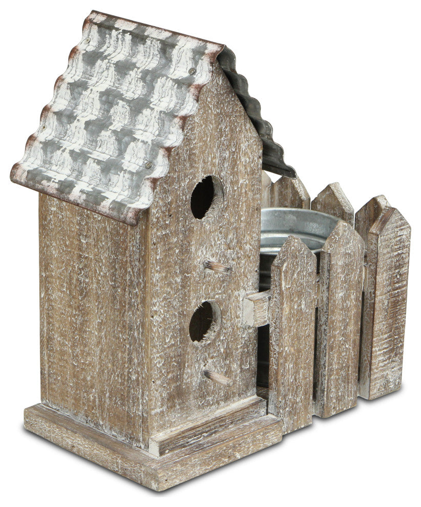 2 Story Bird house With Galvanized pot in yard