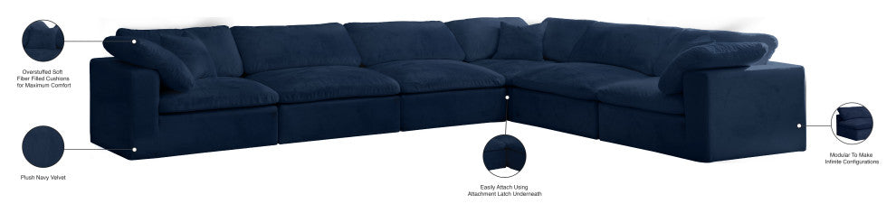 Cozy Velvet Upholstered Comfort L-Shaped Modular Sectional, Navy, 6-Piece: 3 Armless Chair, 3 Corner Chair