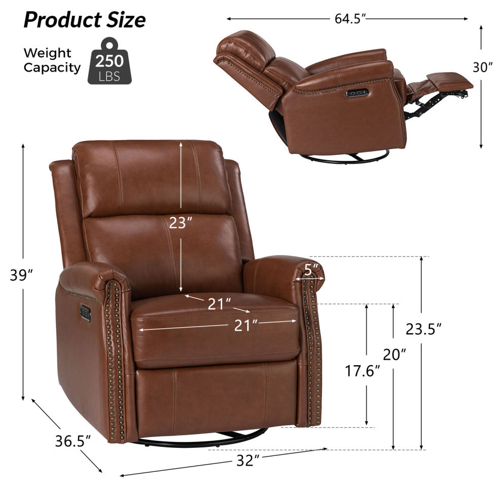 Kaietan Genuine Leather Power Rocking Recliner, Brown