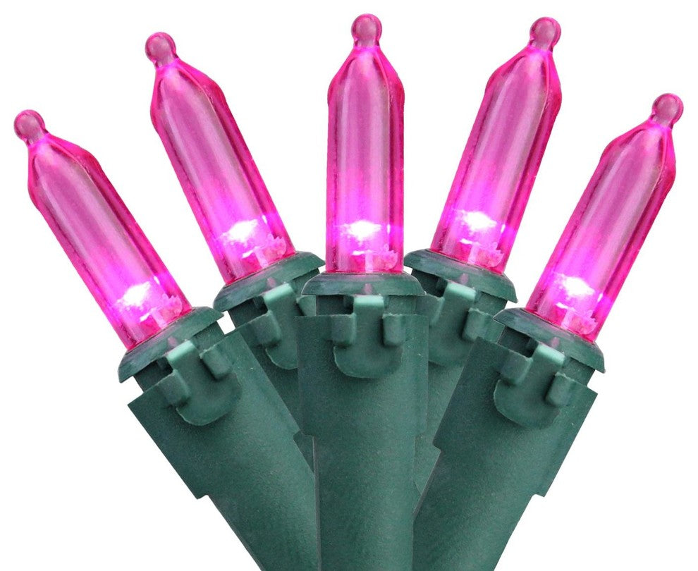 Set of 50 Pink LED Mini Christmas Lights 4" Spacing - Green Wire