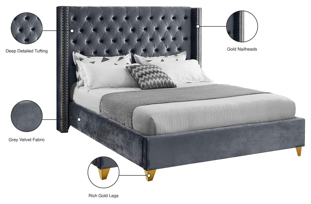 Barolo Velvet Upholstered Bed, Gray, King