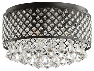 Evelyn 3-Light Crystal Drops and Metal LED Flush Mount, Black/Clear, Width: 17"