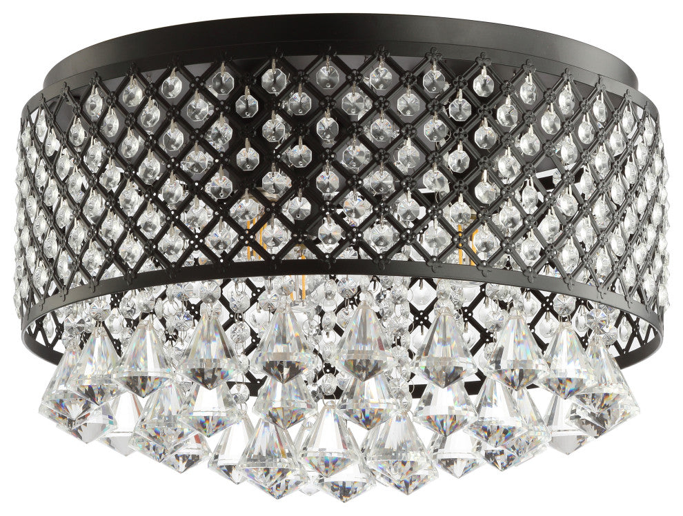 Evelyn 3-Light Crystal Drops and Metal LED Flush Mount, Black/Clear, Width: 17"