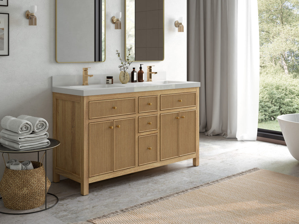 Sonoma 60 Double Bathroom Vanity in Light Natural Teak with 2" White Quartz