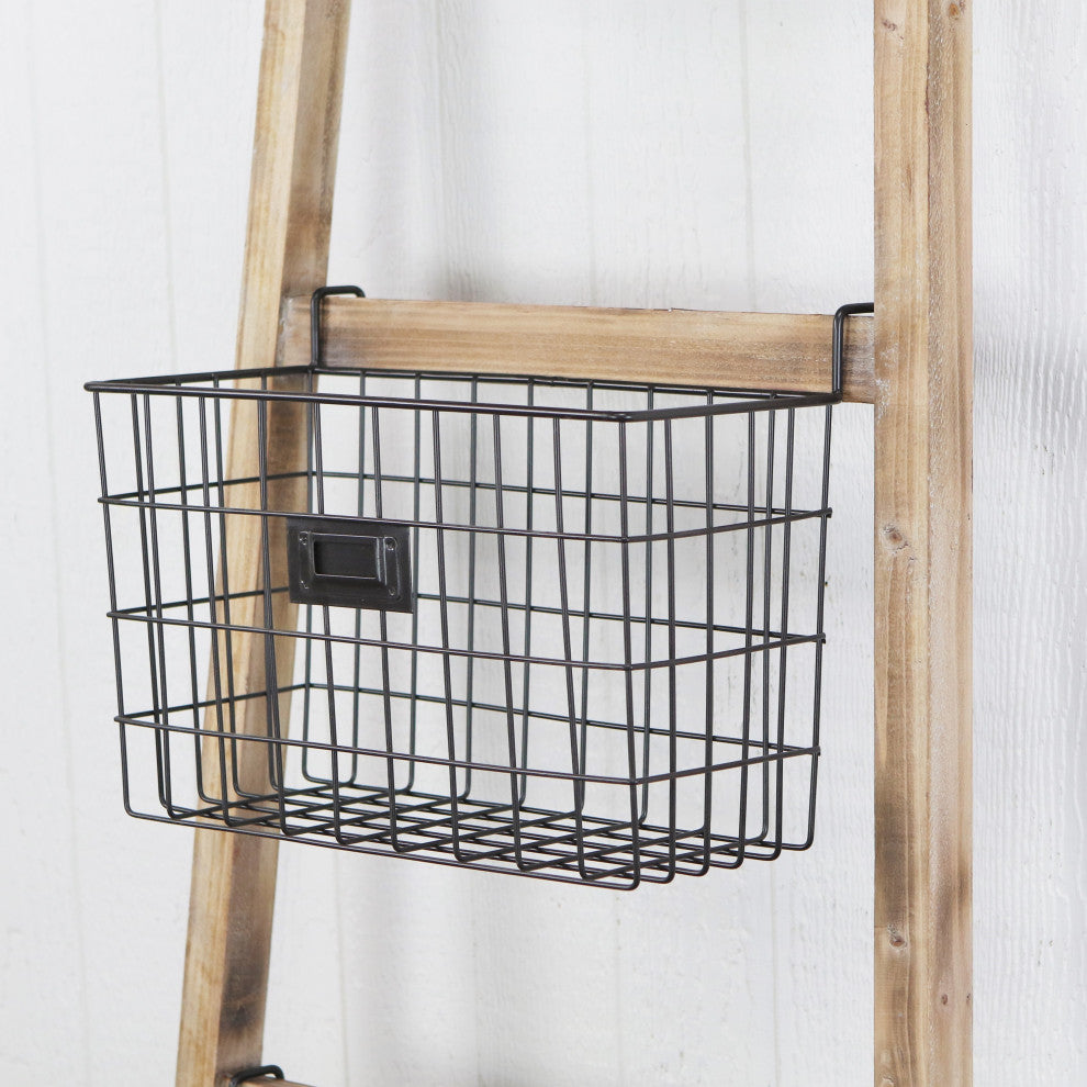 Wooden Ladder Storage Piece With 4 Baskets