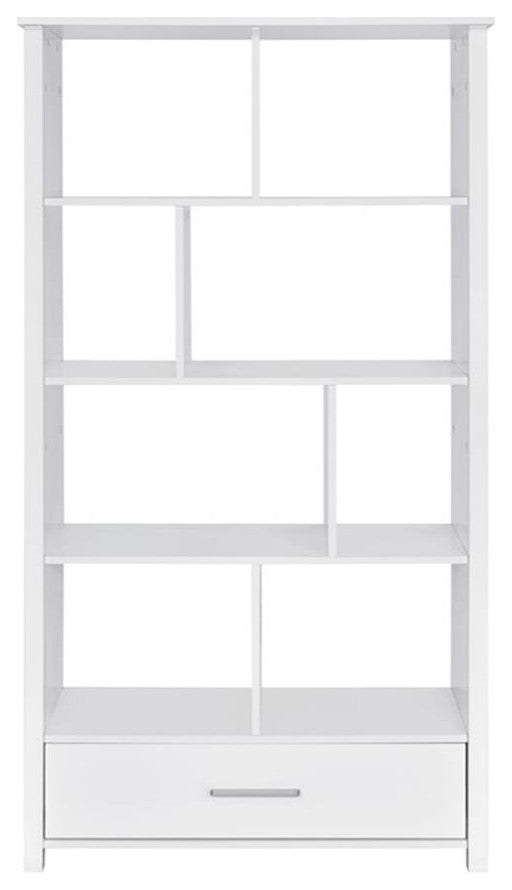 Pemberly Row 1-Drawer Contemporary Wood Bookcase with Open Back in White