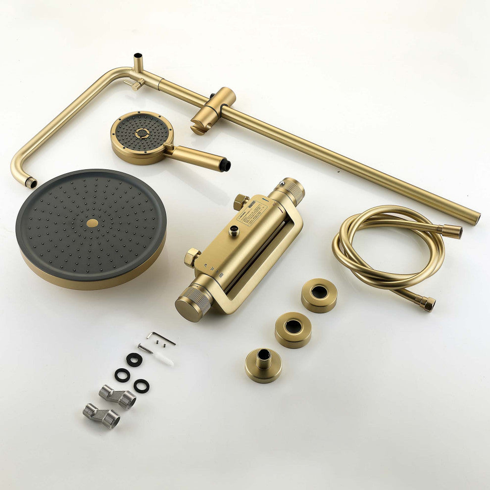 Thermostatic Wall Mounted Shower System with Multi-Function Hand Shower, Brushed Gold