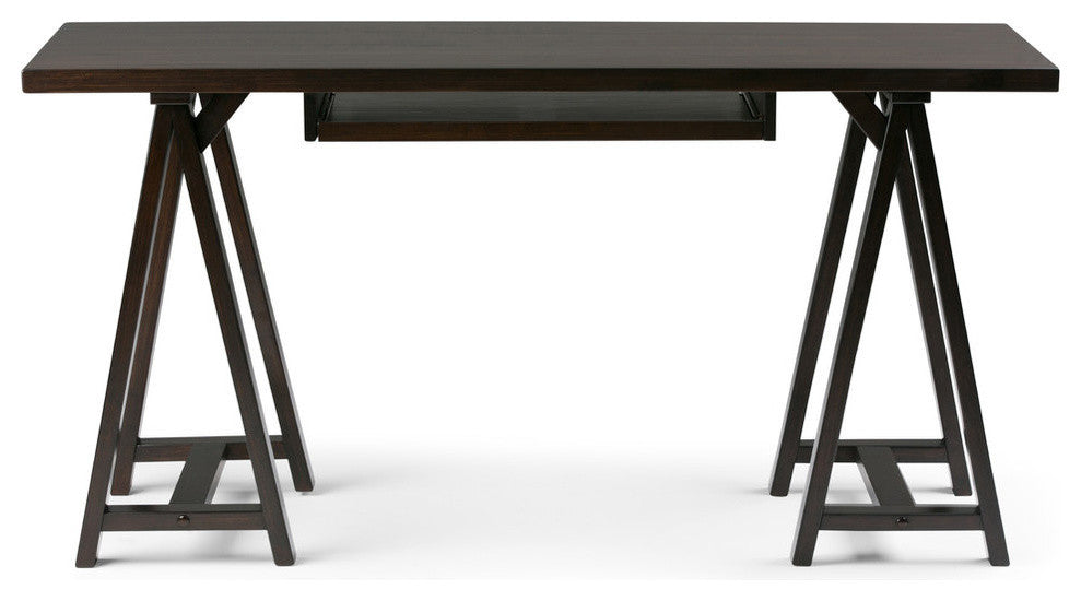 Sawhorse Solid Wood 60" Modern Writing Office Desk, Dark Chestnut Brown