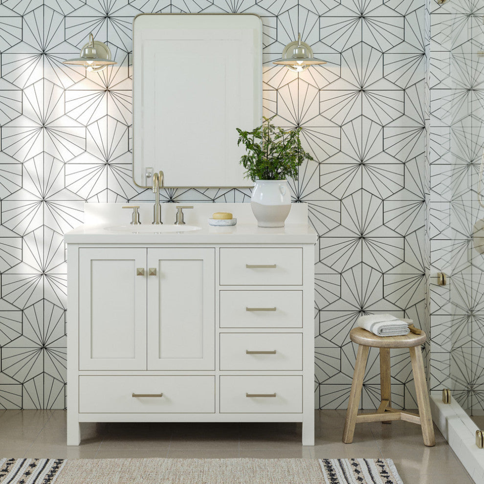 ARIEL Cambridge 43" Left Offset Oval Sink Bathroom Vanity White With Quartz Top