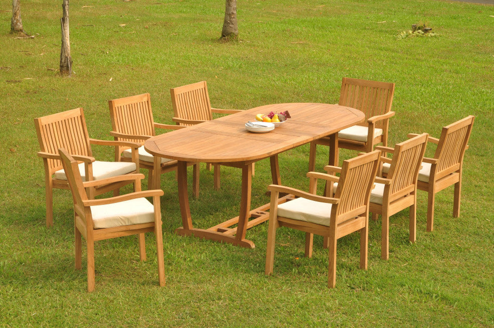 9-Piece Outdoor Teak Dining Set: 94" Masc Oval Table, 8 Leve Stacking Arm Chairs