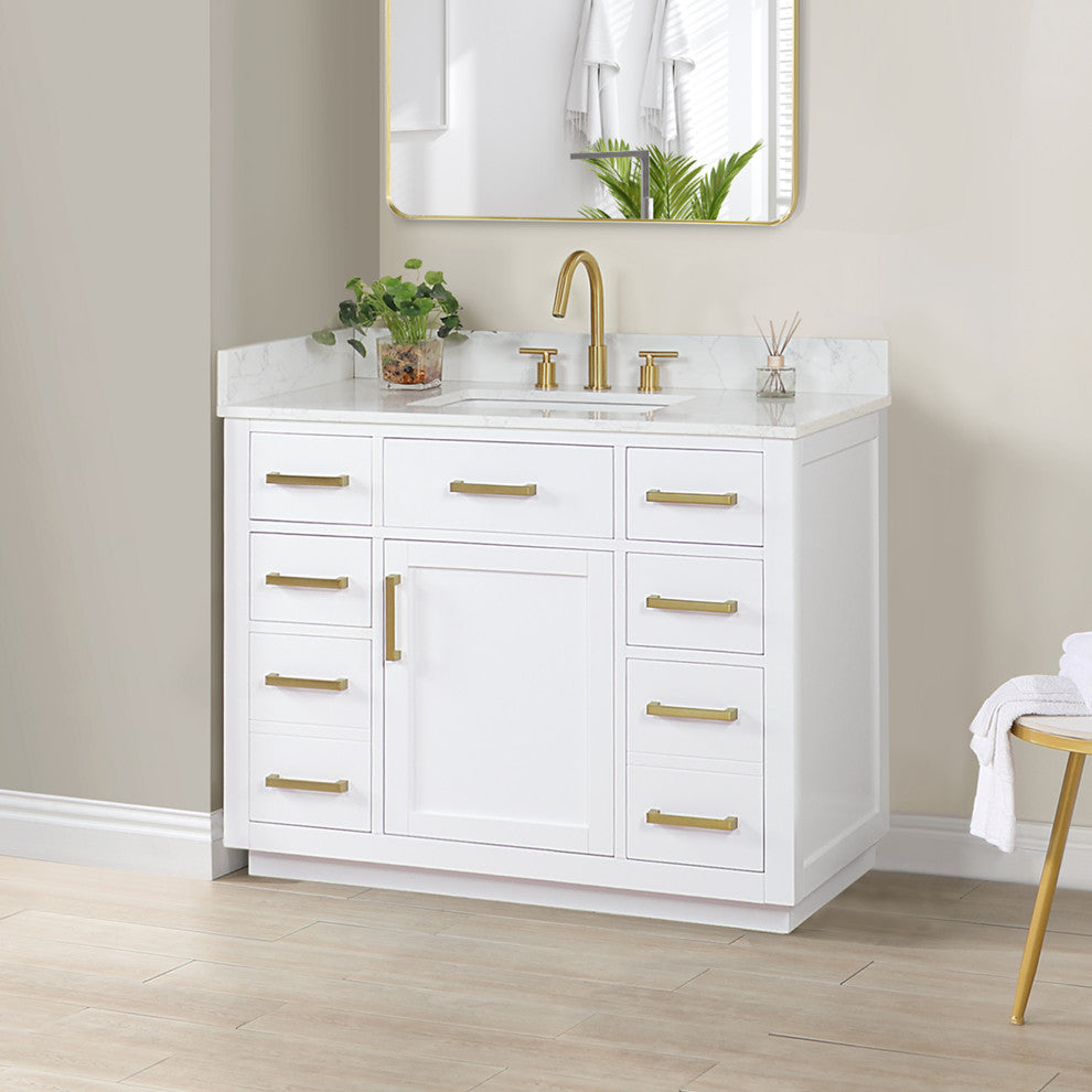 Gavino Vanity With Grain White Composite Stone Top, White/Brushed Gold, 42", No Mirror