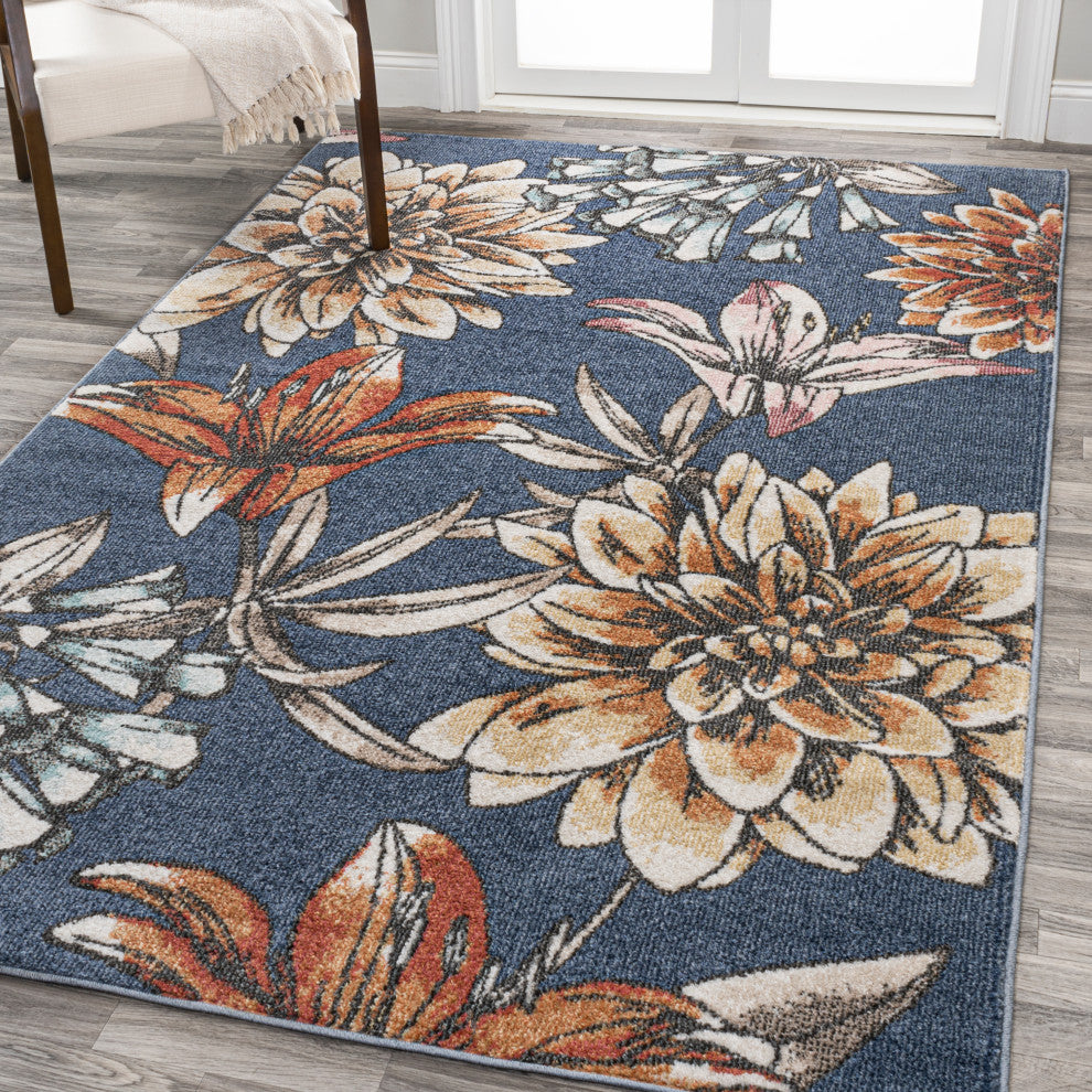 Giglio Modern Botanical Flower Area Rug, Blue/Orange/Cream, 3 X 5