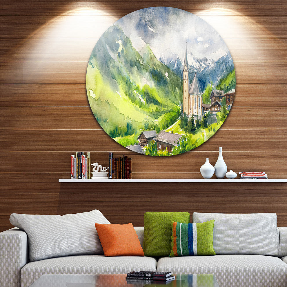 Village Heiligenblut Watercolor, Landscape Disc Metal Wall Art, 23"