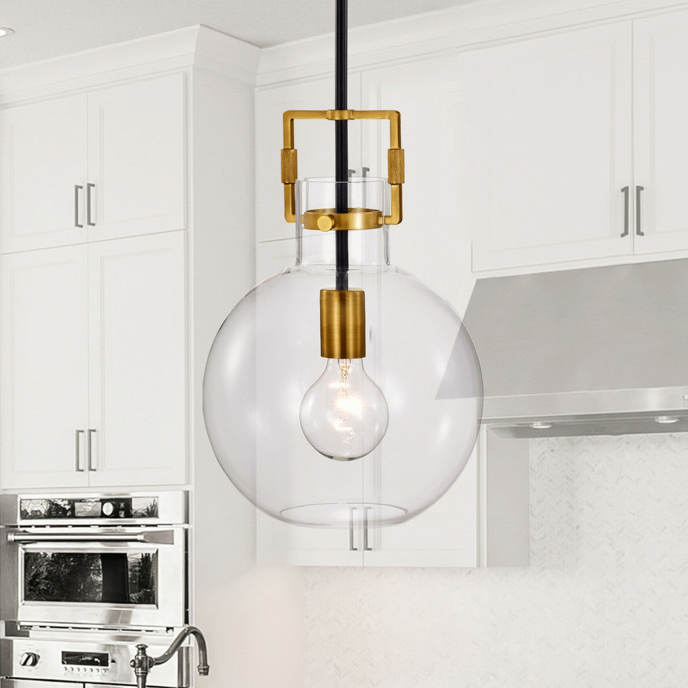 1-Light Black and Antique Gold 10in. Globe Shaped Clear Glass Pendant