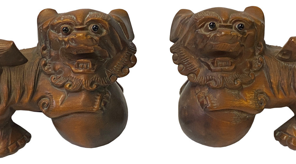 Chinese Pair Wood Carved Mini Foo Dog Lion FengShui Figures Hws2386