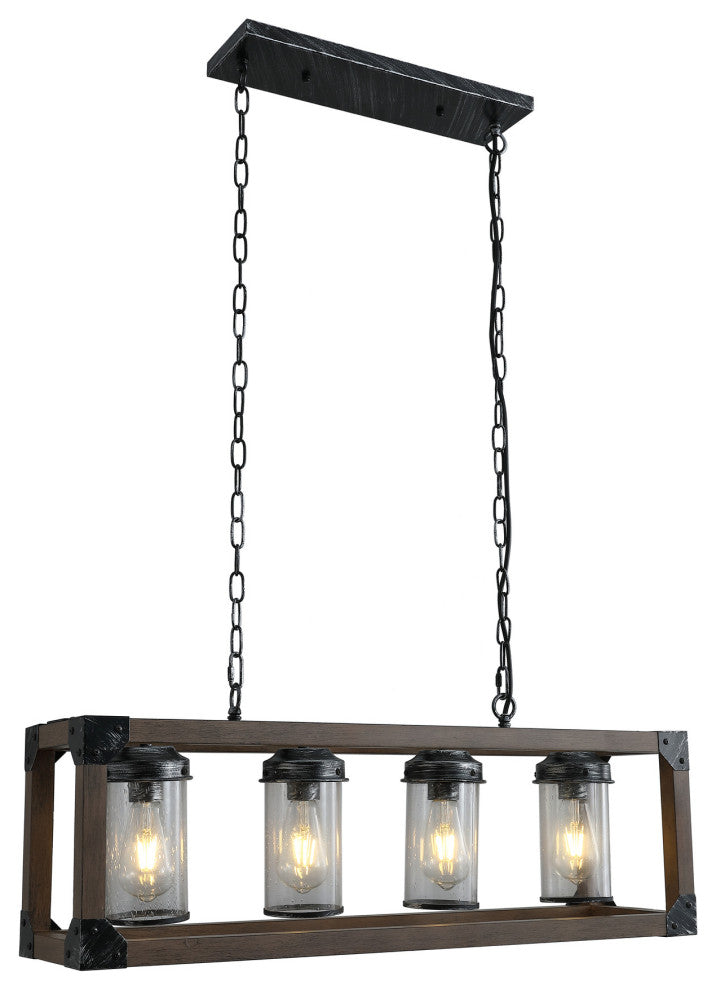 4-light Kitchen Island Light Farmhouse Glass Shade Wood Chandelier, Brown