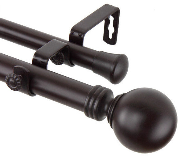 Globe Double Curtain Rod, Mahogany, 66-120"