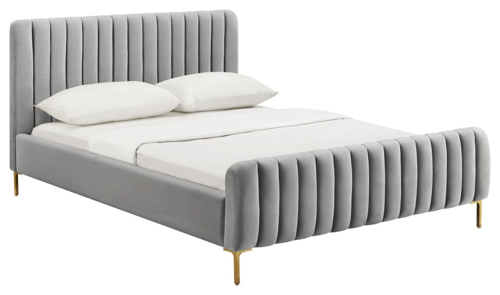 Angela Velvet Upholstered Bed, Gray, Queen