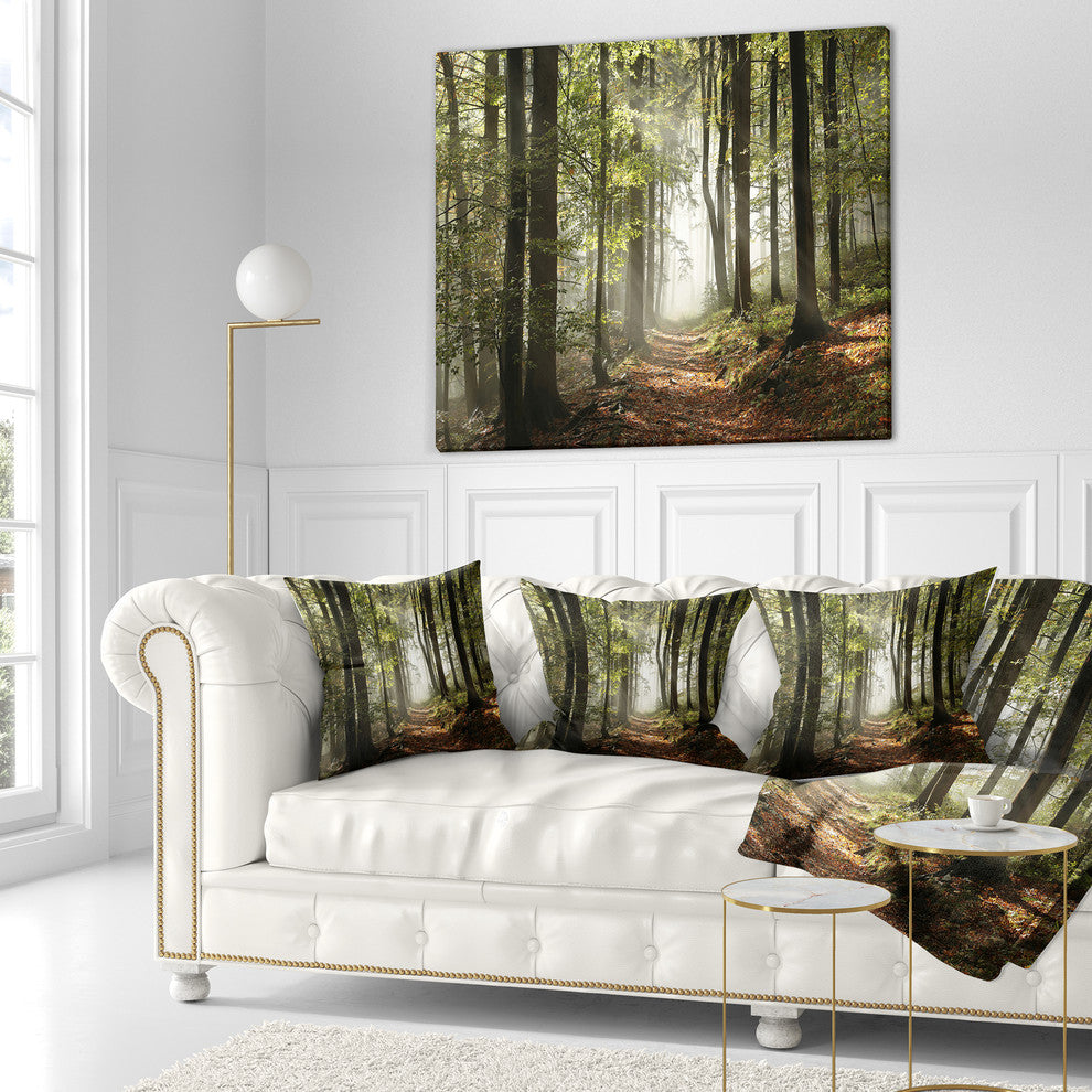 Green Fall Forest with Sun Rays Landscape Photography Throw Pillow, 18"x18"
