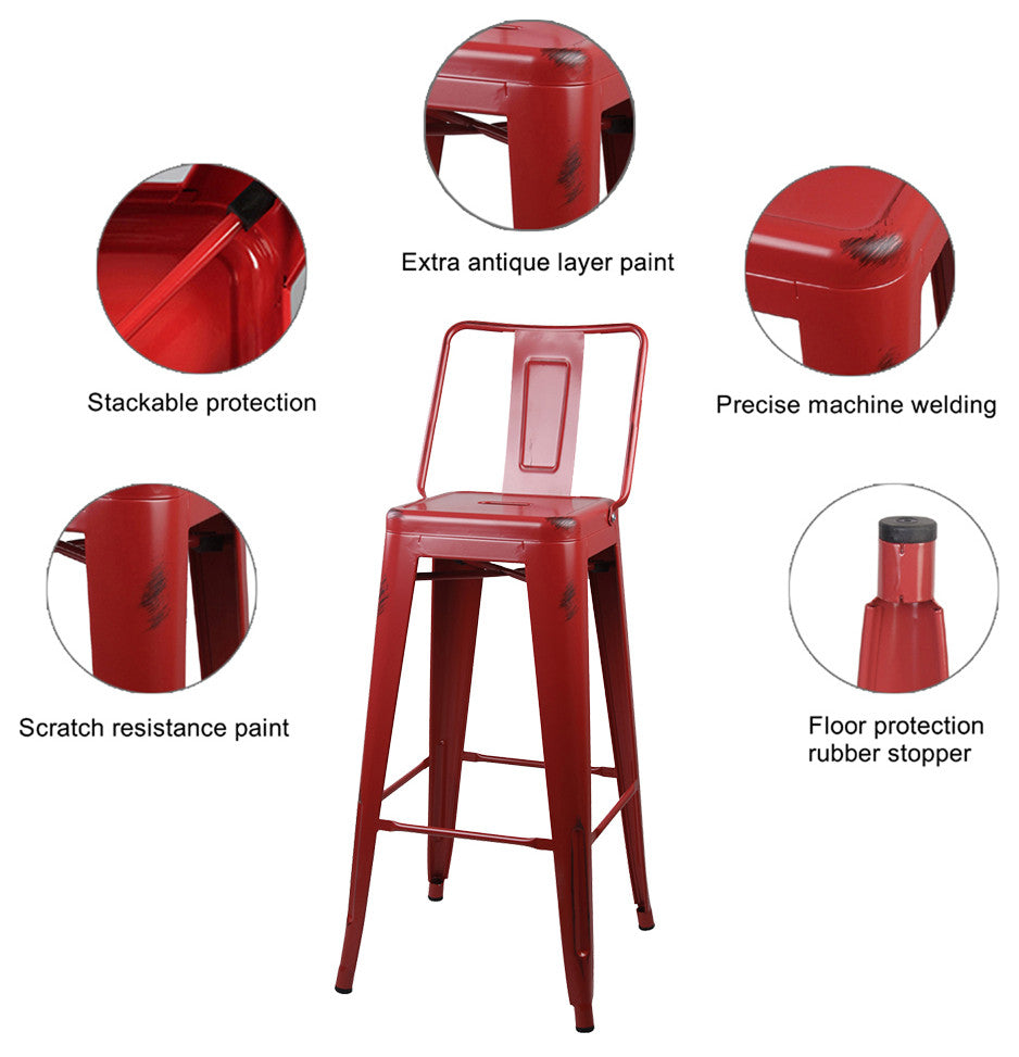 Highback Red Metal Bar Stools Set of 4
