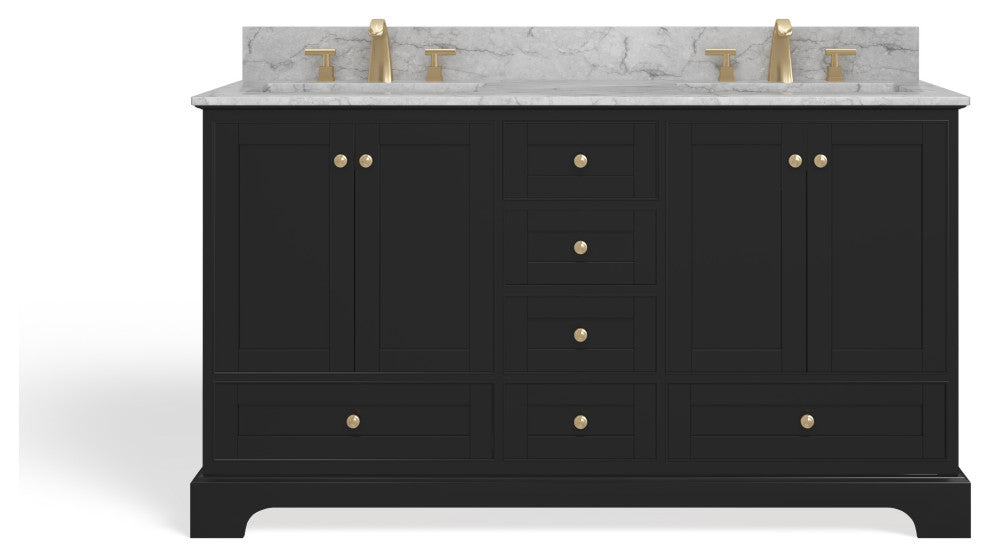Cascade Bath Vanity, Black Onyx, 60", Gold Hardware, Double, Freestanding