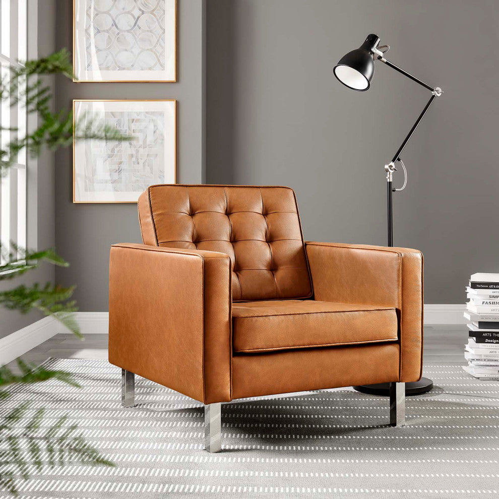 Modern Lounge Accent Side Chair Armchair, Faux Vinyl Leather, Tan Brown