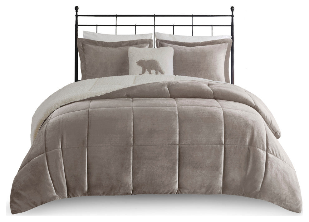 Woolrich Alton Plush to Sherpa Winter Comforter Set, Light Gray, King