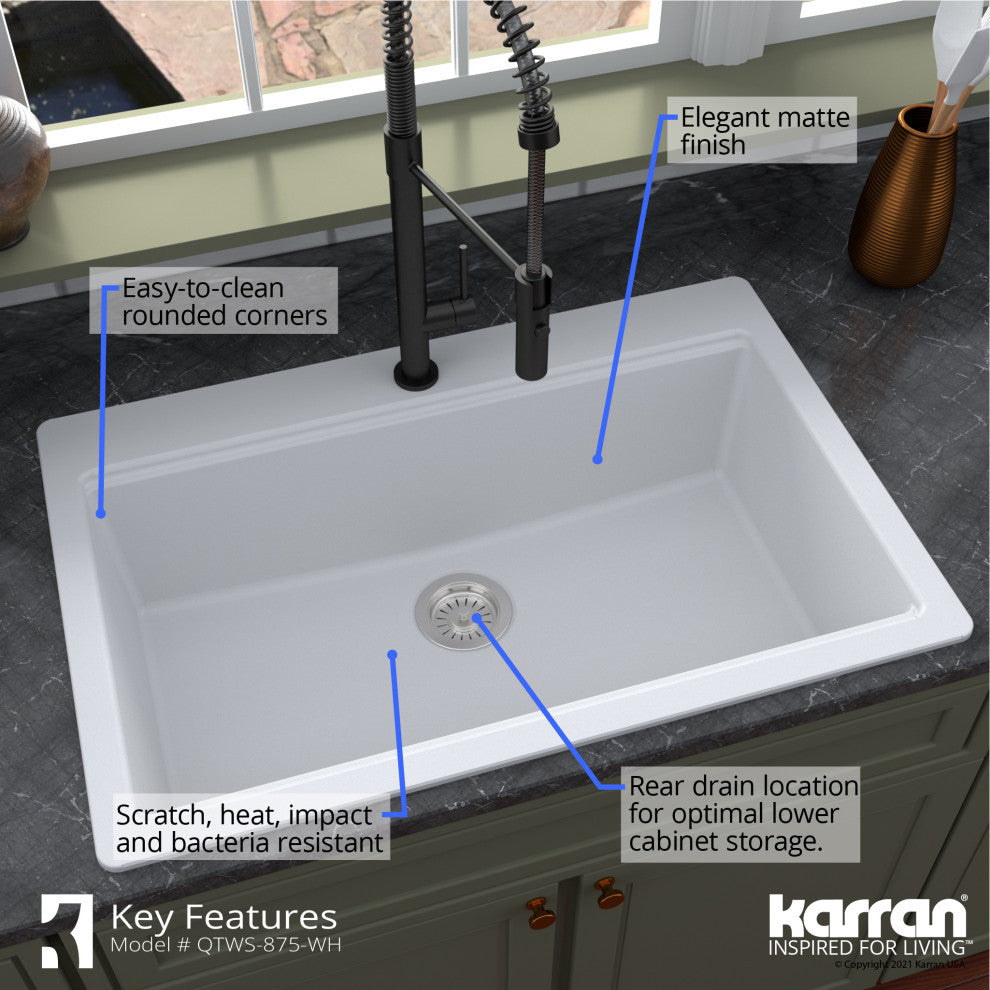 Karran Top Mount 33" Single Bowl Quartz Workstation Kitchen Sink, White