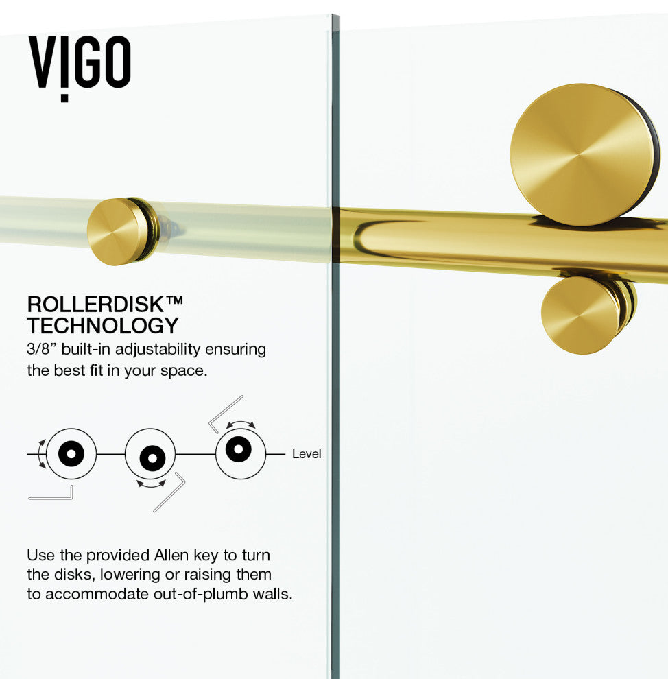 VIGO Elan E-Class 52" to 56" W x 76" H Frameless Sliding Shower Door, Matte Gold, Clear Glass