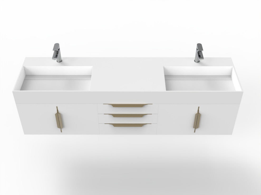 CastelloUSA Amazon 72" Wall Mounted Vanity Set, White, White Top, Gold Handles