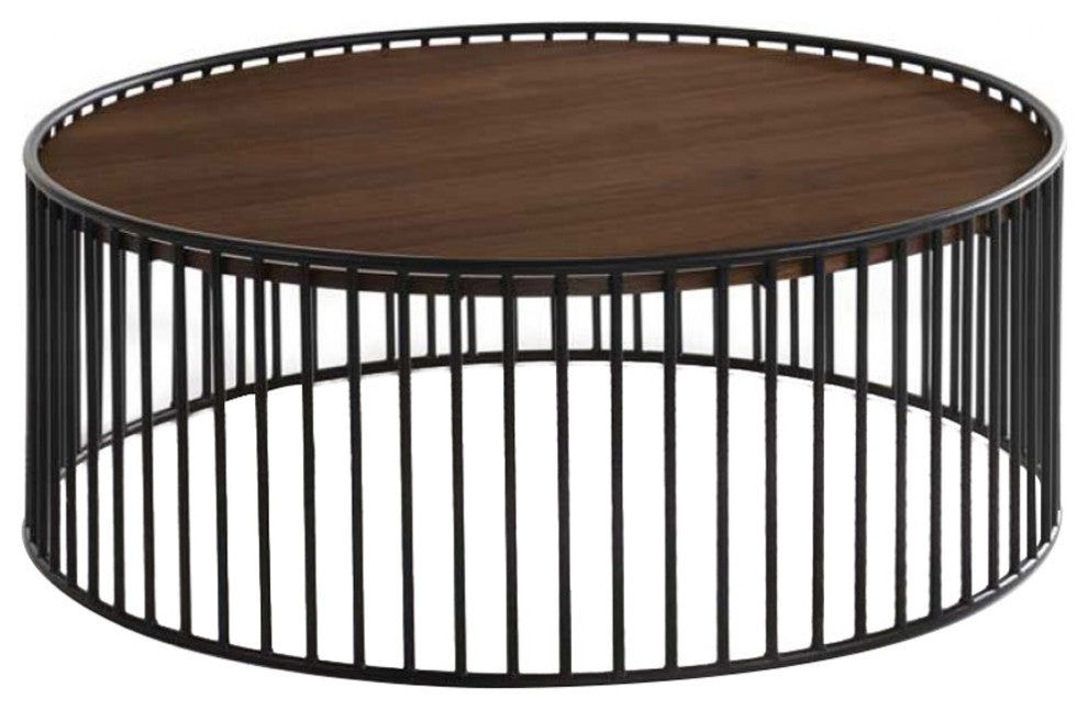 Benzara BM214790 Round Coffee Table with Vertical Slatted Base, Brown & Black