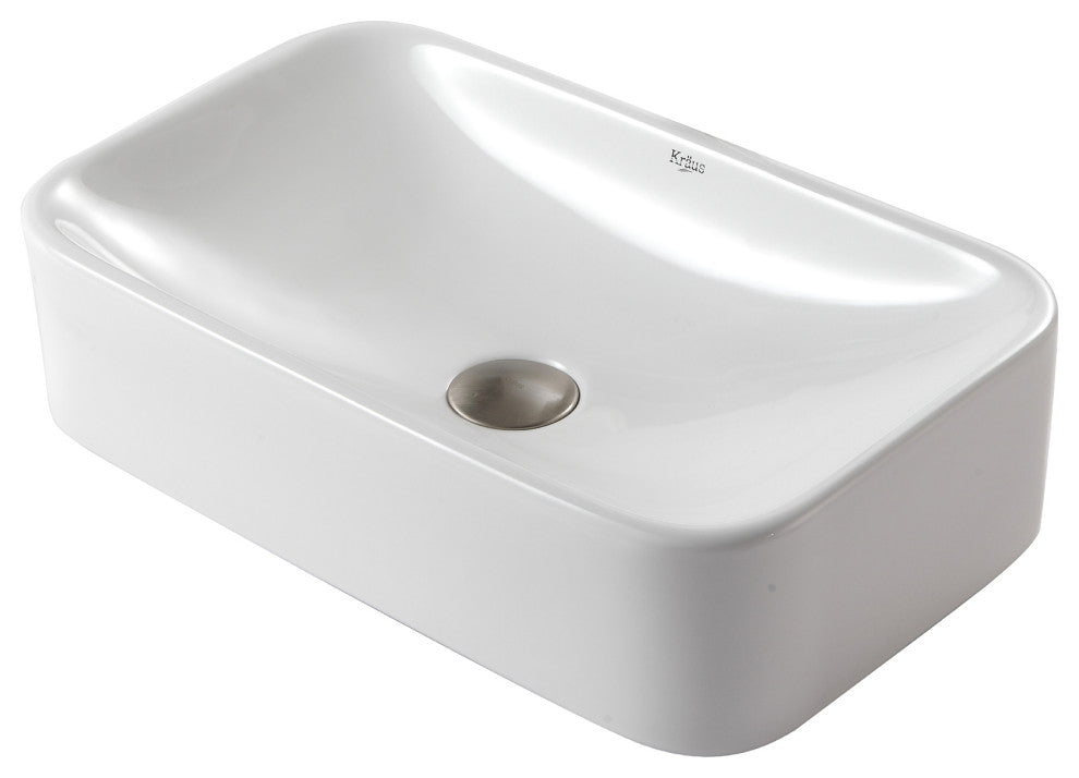 Elavo Ceramic Rectangle Vessel White Sink, PU Drain Satin Nickel