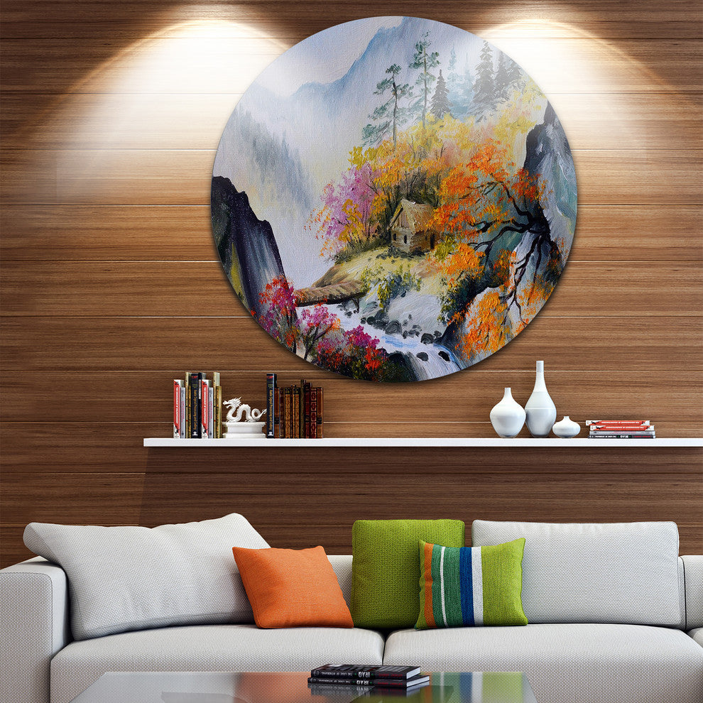 House In The Mountains, Landscape Round Metal Wall Art, 11"