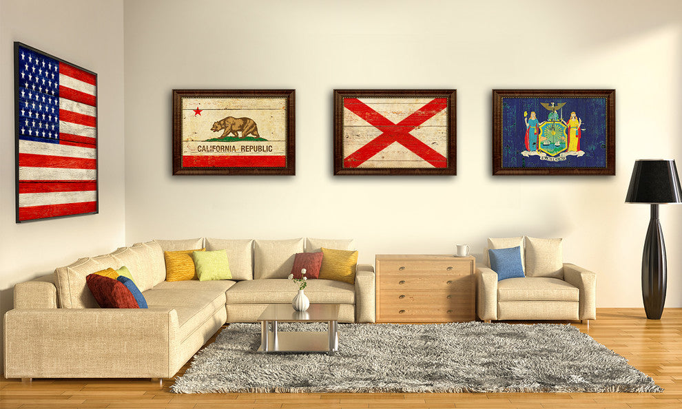 America Vintage Flag Print With Brown Gold Frame, 19"X27"