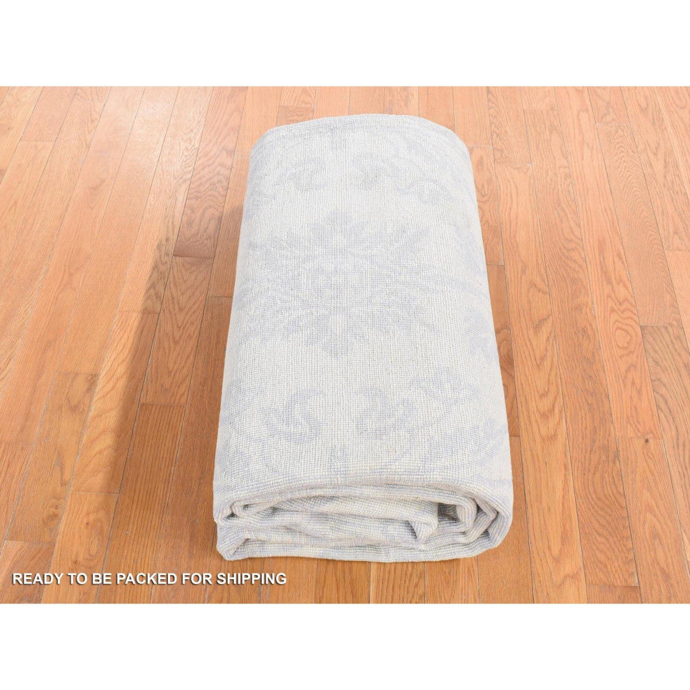 Gray on Beige Lotus Flower Design Tone on Tone Hand Knotted Wool Rug, 8'x9'10"