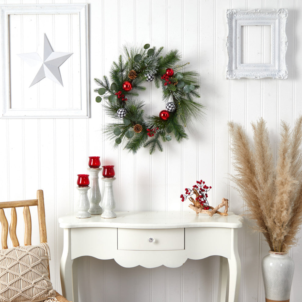 W1270 24 Berry and Pinecone Artificial Christmas Wreath With Ornaments