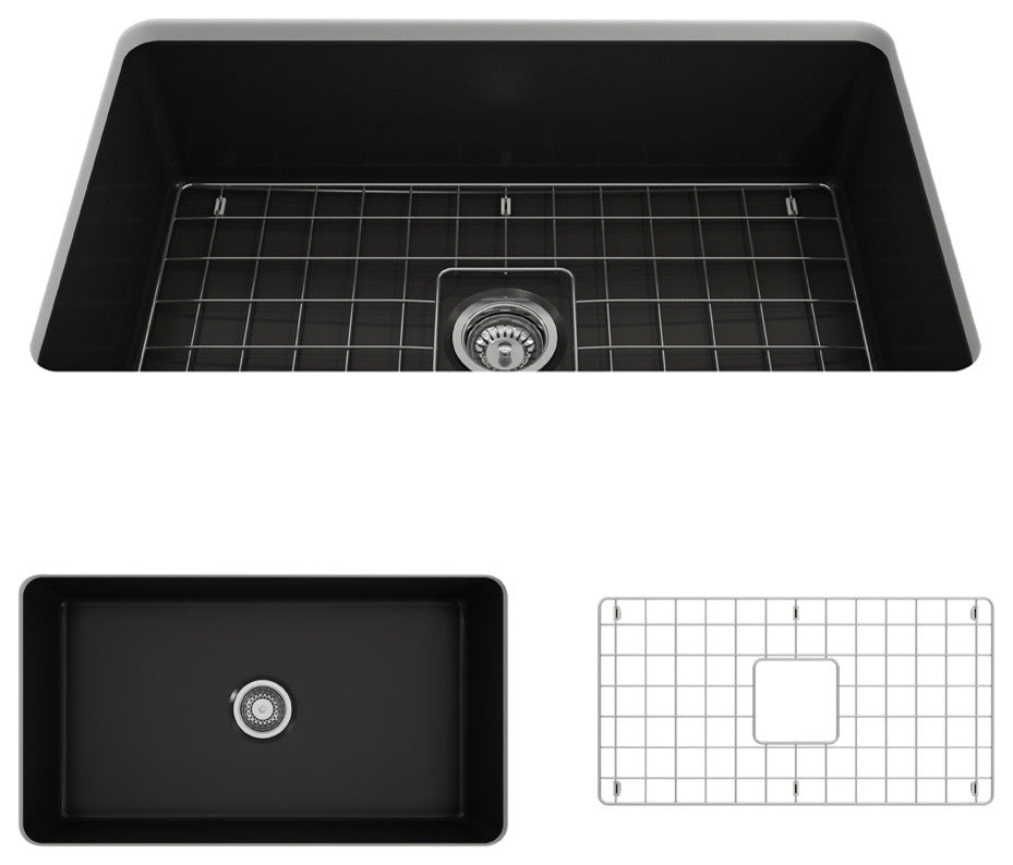 Bocchi Sotto 32 Matte Black Fireclay Single Bowl Undermount Kitchen Sink W/ Grid
