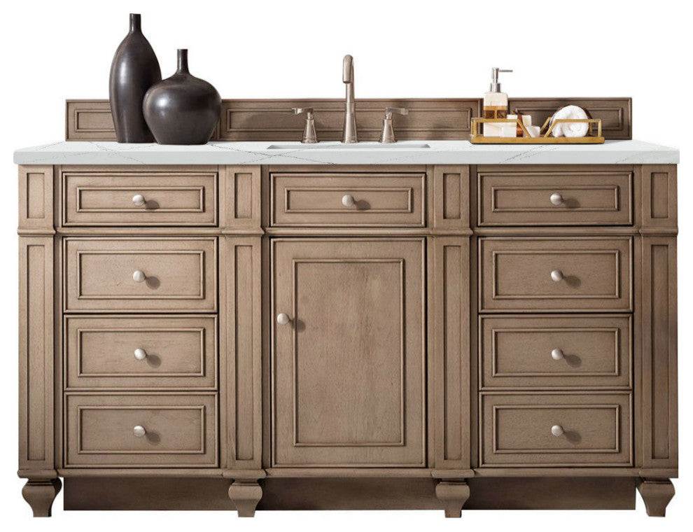 Bristol 60" Single Vanity Whitewashed Walnut, Ethereal Noctis Quartz