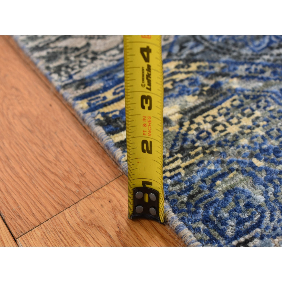 Blue Repetitive Rosette Design Silk With Wool Hand Knotted Runner Rug 2'8"x9'1"