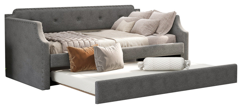 Elegant Linen Upholstered Daybed with Trundle, Gray