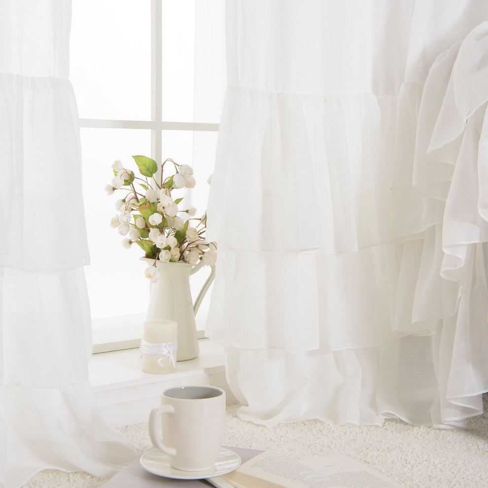 Faux Linen Ruffle Curtains, White, 52"x84", Set of 2