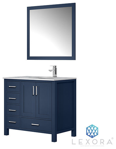 Jacques 36" Vanity, Wht Carrara Marble Top w/ 34" Mirror, Navy Blue, Right