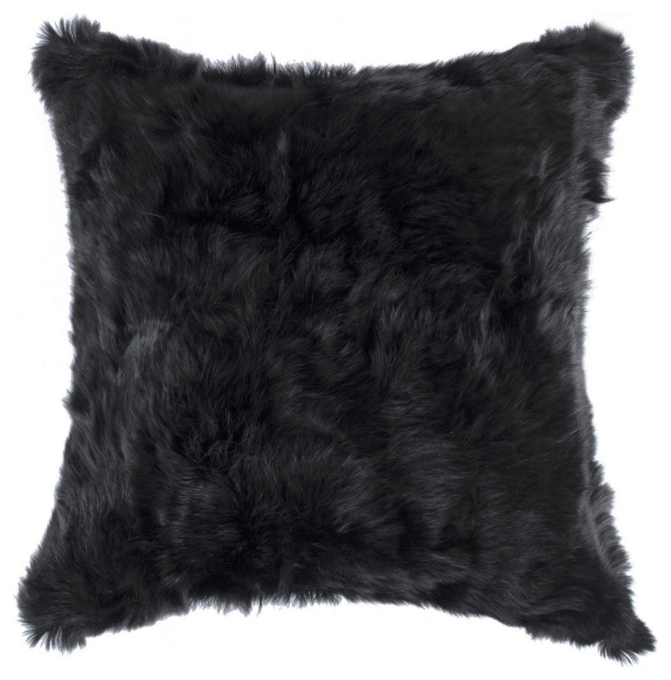 HomeRoots 5" x 18" x 18" 100% Natural Rabbit Fur Black Pillow