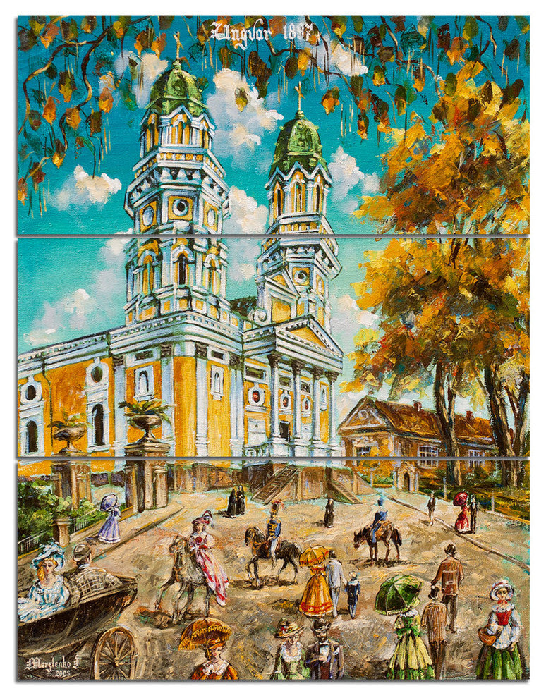 "Old Church" Glossy Metal Wall Art, 3 Panels, 28"x36"